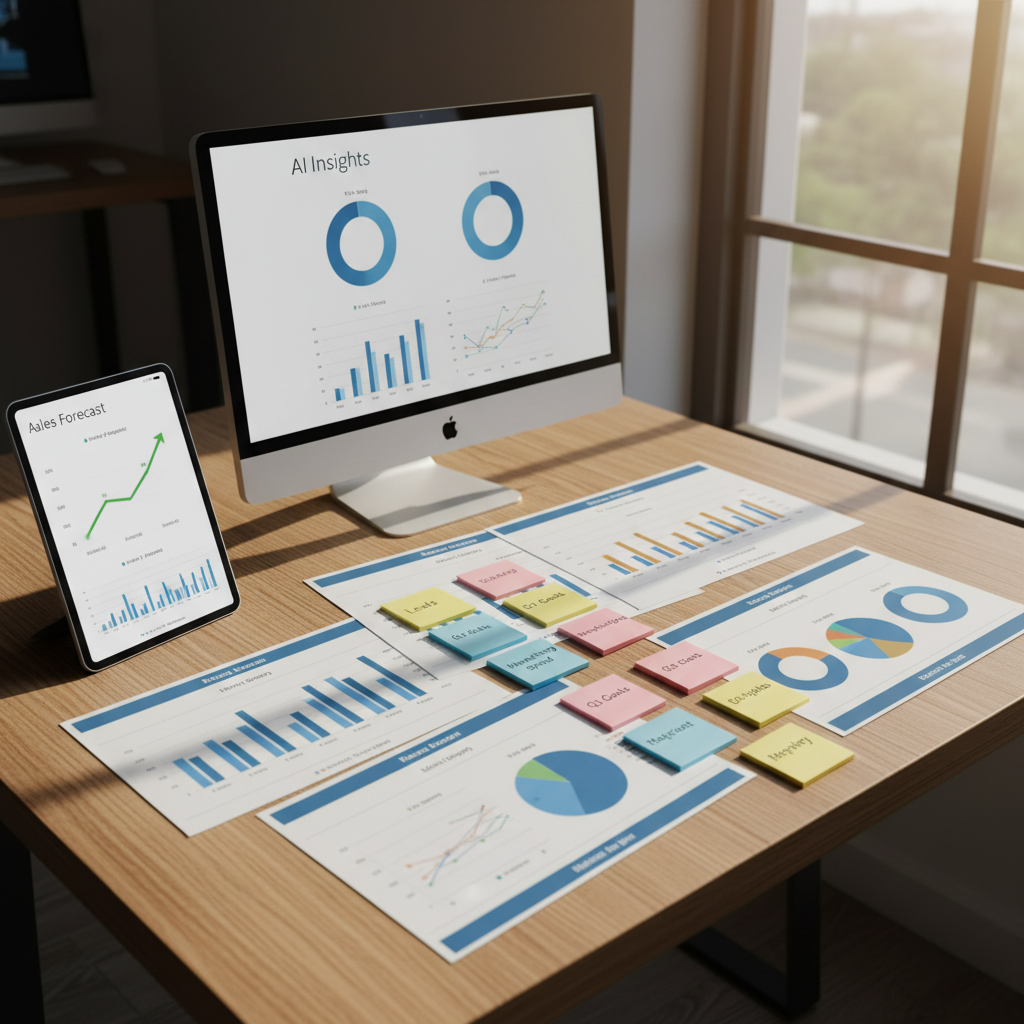 A tidy small-business workspace featuring a wooden table covered with neatly arranged printed analytics dashboards, color-coded sticky notes, and a slim tablet displaying an AI-powered sales forecast graph. A compact desktop computer shows a dashboard labeled “AI Insights” with simple, readable charts. Warm afternoon sunlight enters through a nearby window, casting soft, natural shadows across the paper and highlighting the subtle grain of the wood. Photographic realism with a slightly elevated angle and rule-of-thirds composition, emphasizing clarity and organization. The atmosphere feels practical, grounded, and optimistic, evoking realistic AI strategy planning for everyday business operations without any human figures.
