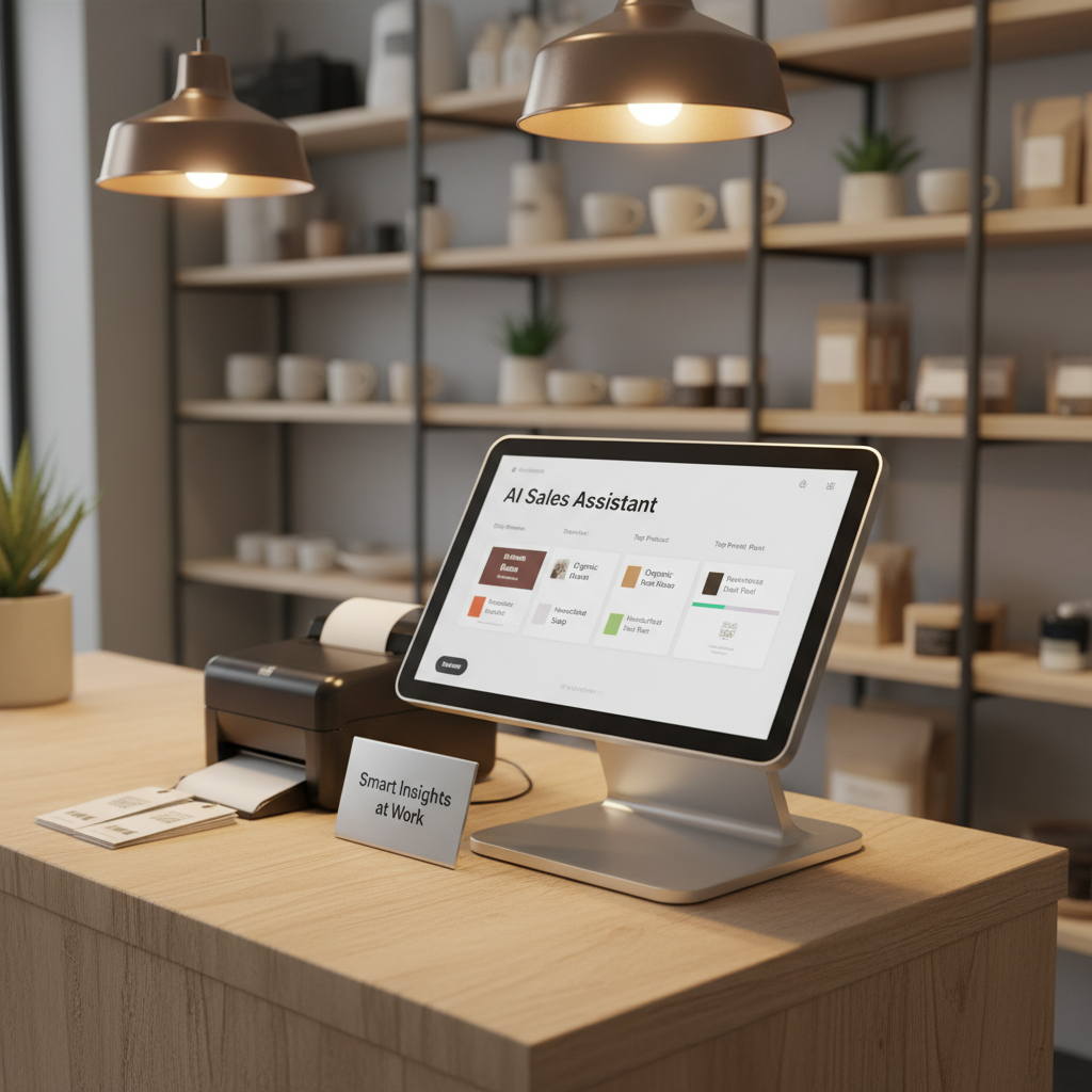 A compact retail counter setup featuring a sleek point-of-sale terminal with a bright, intuitive dashboard labeled “AI Sales Assistant”, showing simple product recommendations and daily performance metrics. Nearby, a small receipt printer, a tidy stack of product tags, and a subtle sign reading “Smart Insights at Work” rest on a textured light-wood countertop. The background shows softly blurred shelves with neatly arranged products. Warm, focused pendant lighting creates gentle highlights on the screen and counter edges. Captured in photographic realism from a three-quarter angle with a moderate depth of field, the scene feels approachable, efficient, and real-world, illustrating AI embedded in small-business operations without any human presence.