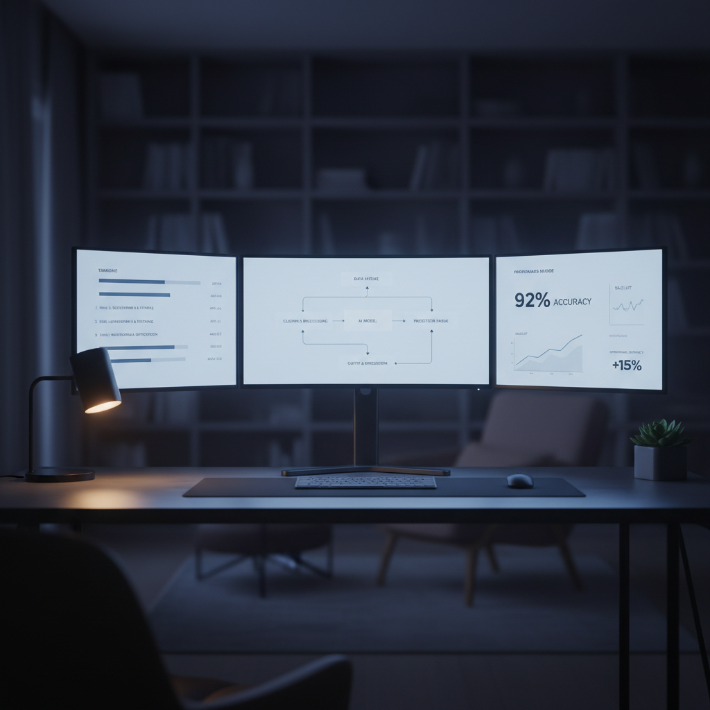 A modern dashboard interface displayed across three ultrawide monitors on a dark, minimal desk, each screen showing different aspects of small-business AI management: a clean data pipeline, a timeline for implementation, and simple performance metrics. The desk includes a wireless keyboard, a compact black desk lamp turned on low, and a small potted plant adding a touch of green. The room is dim, illuminated primarily by the cool, crisp glow of the monitors, creating subtle reflections on the matte desk surface. Photographic realism with a slightly wide-angle, eye-level shot and gentle background bokeh. The atmosphere is focused, technical yet accessible, suggesting hands-on AI operations and monitoring without any people in the frame.
