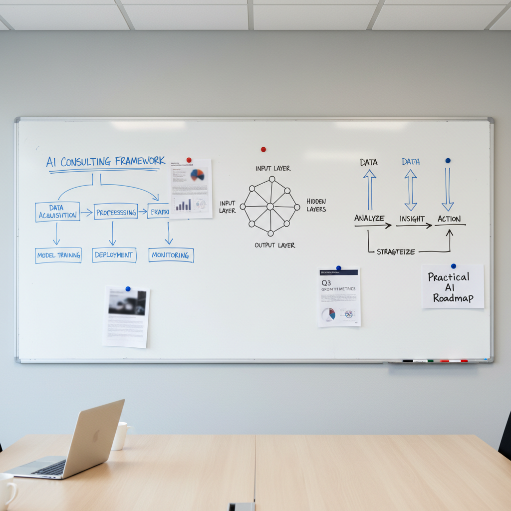 A large wall-mounted whiteboard filled with neatly written flowcharts, simple machine-learning diagrams, and clearly labeled steps like “Data”, “Insight”, and “Action”, all written in clean blue and black marker. Several color-coded magnets hold up printed business reports and a small card labeled “Practical AI Roadmap”. The whiteboard stands in a minimalist meeting room with a light oak table and a closed laptop resting near the edge. Soft overhead office lighting creates an even, shadow-free illumination. Photographic realism with a straight-on composition and sharp focus throughout, conveying a structured, hands-on AI consulting process for small businesses in a calm, professional environment, with no people present.