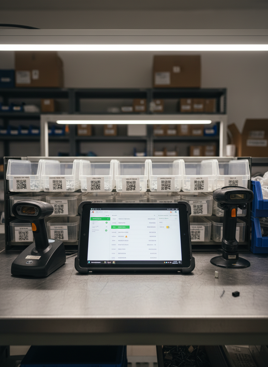 A small manufacturing or workshop environment where a streamlined set of smart devices—barcode scanners, a slim industrial tablet, and labeled storage bins—are arranged along a sturdy metal workbench. The tablet screen shows a clear, uncluttered AI-powered inventory dashboard with green status indicators and simple alerts. Overhead, neutral white factory lighting creates even illumination, bringing out the textures of metal, plastic, and worn work surfaces. Photographic realism from a slightly elevated angle with strong depth of field, capturing both foreground devices and background shelving. The mood is practical and down-to-earth, demonstrating realistic AI optimization in a small-business setting, entirely without human subjects.