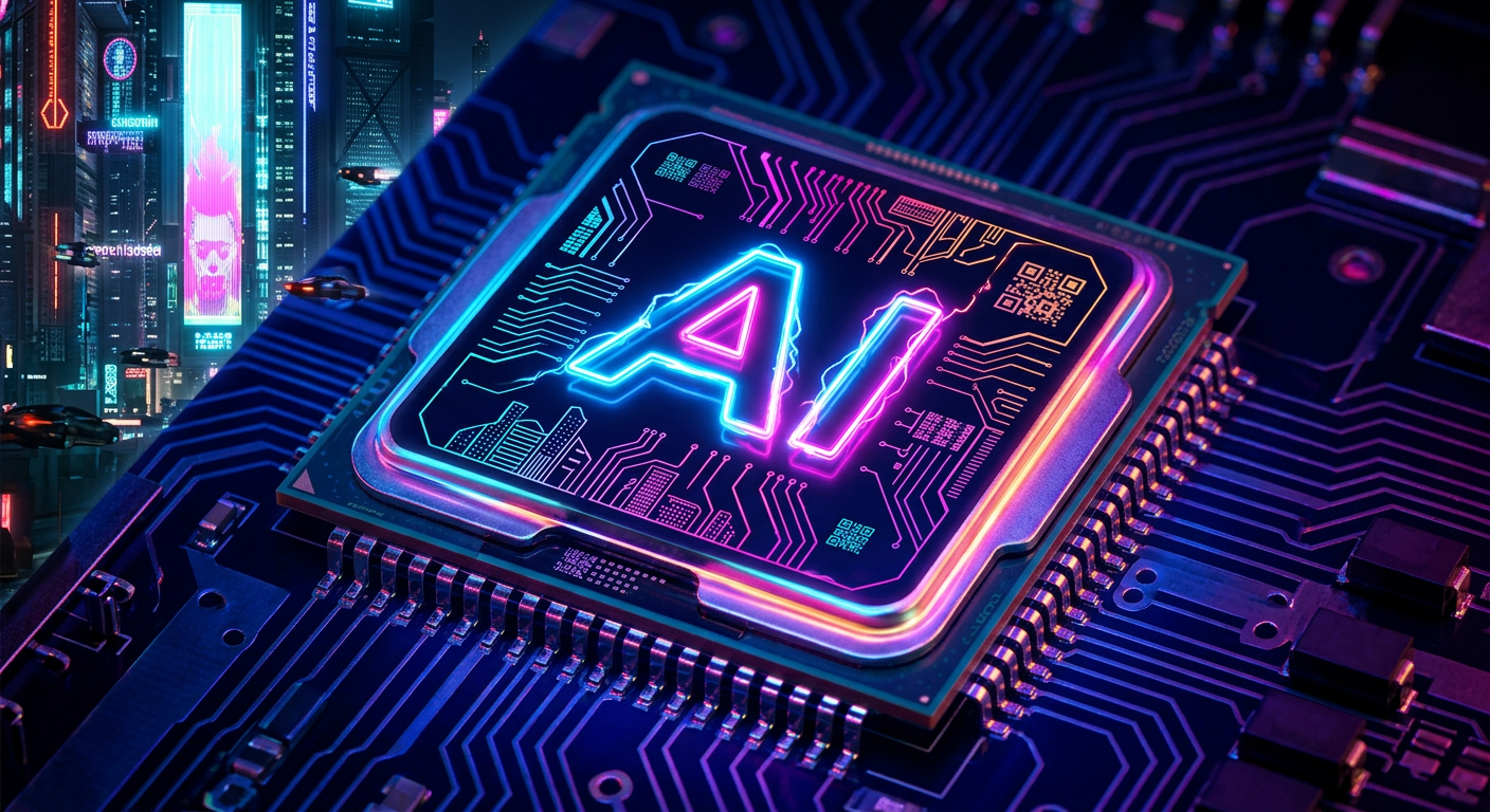 Futuristic AI microchip with neon glow Close-up of a neon-lit AI microchip on a detailed circuit board with a futuristic city in the background