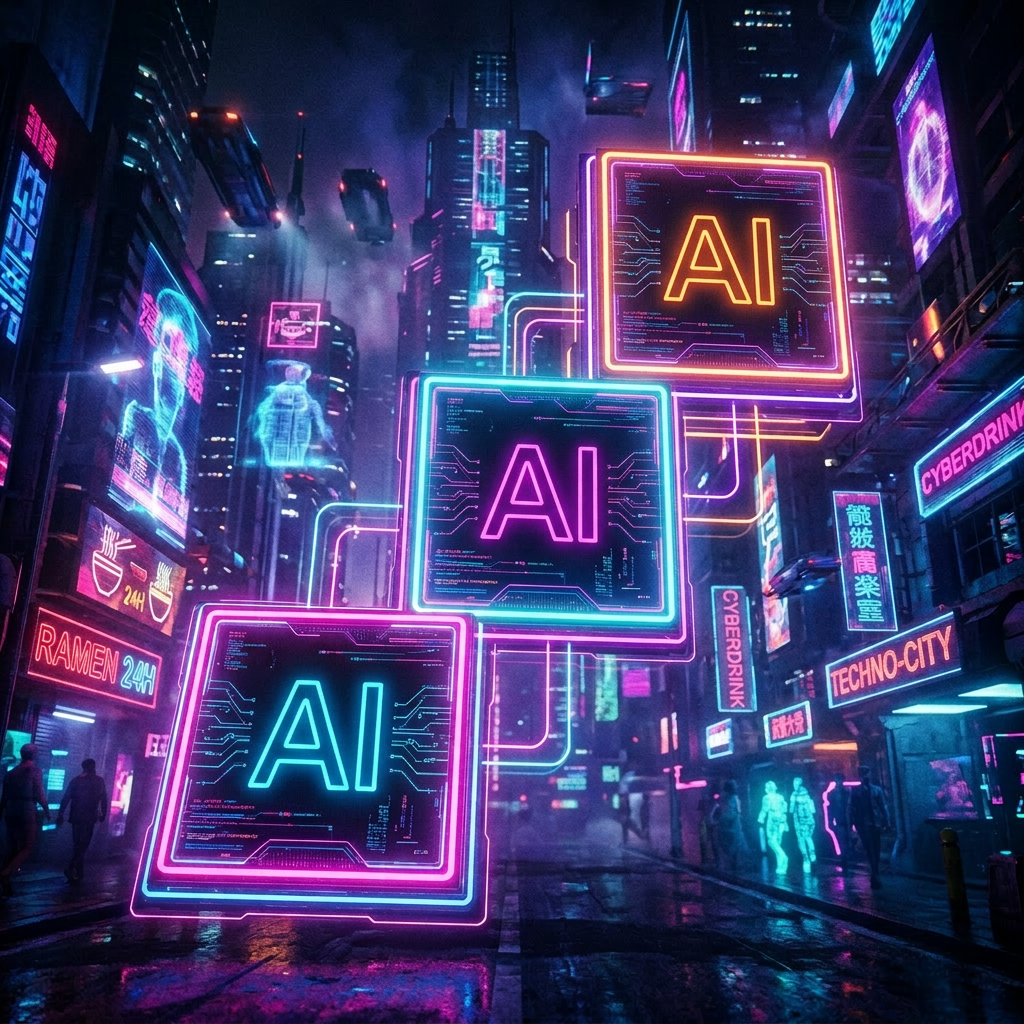 Rustic parcel labeled AI packages Neonpunk style digital billboards and holograms in a futuristic city street at night